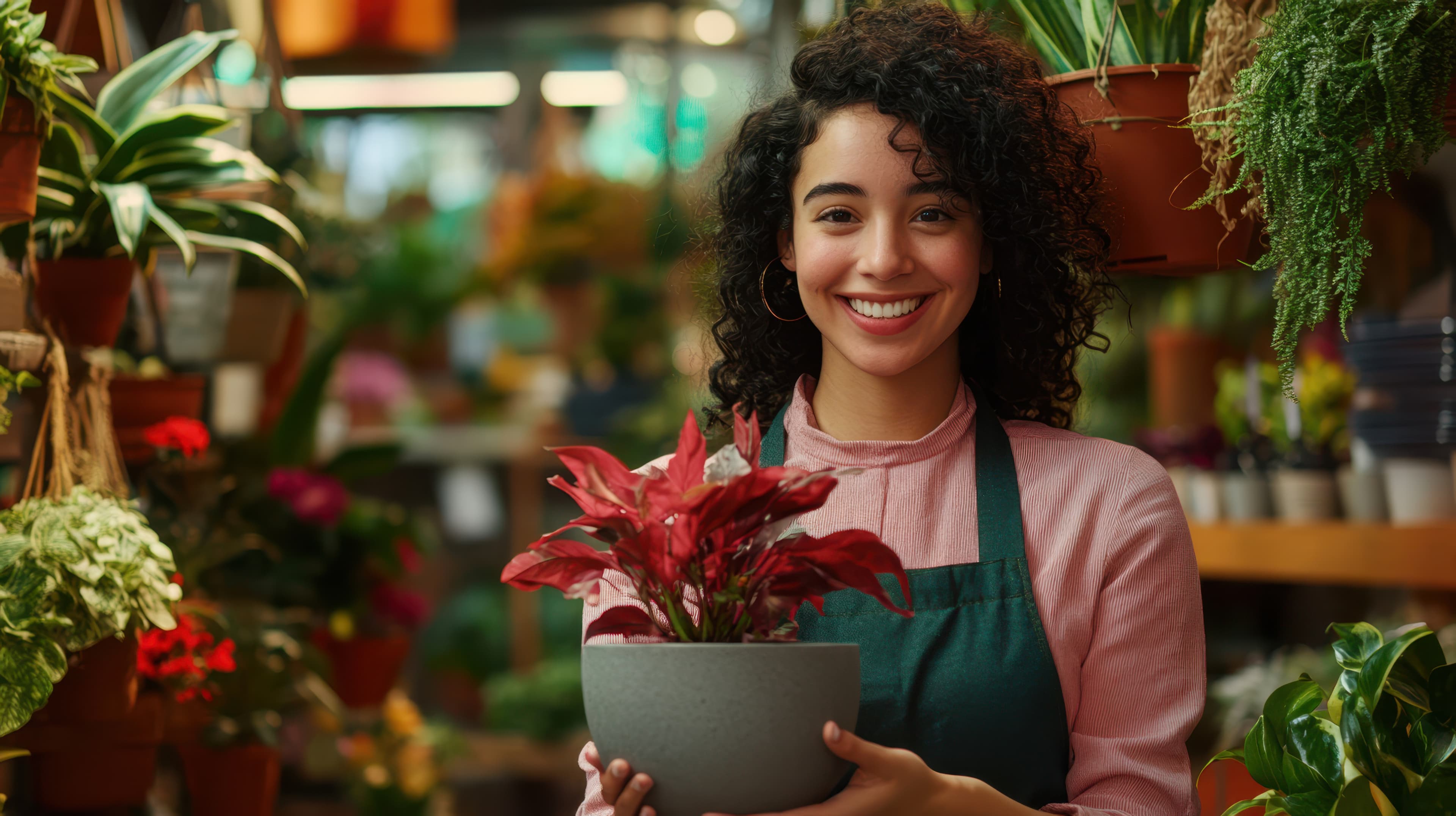 woman standing inside a vibrant plant shop